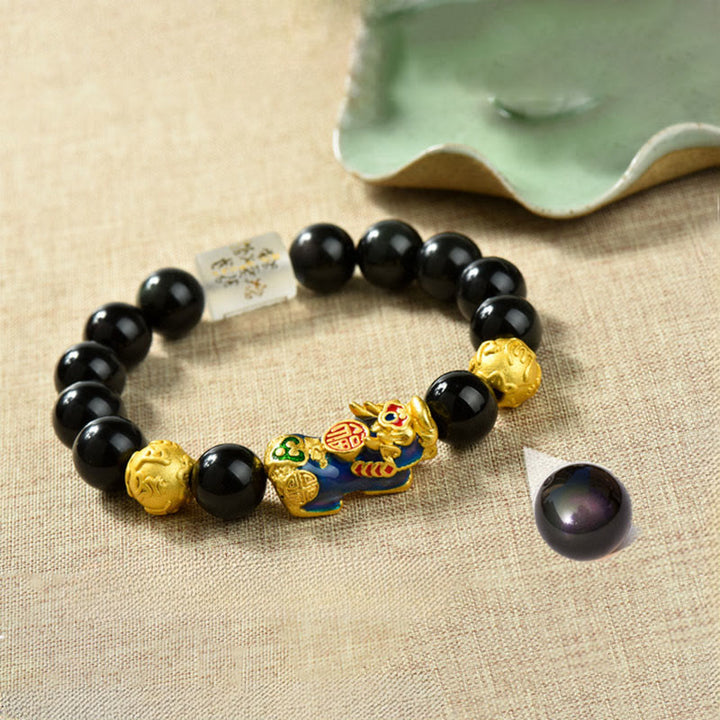 Buddha Stones Fengshui Copper Pixiu Rainbow Obsidian Beads Wealth Bracelet - Om Mani Padme Hum & Fu Character & Color-changing Pixiu(Wrist circumference:18-19cm) - image 0