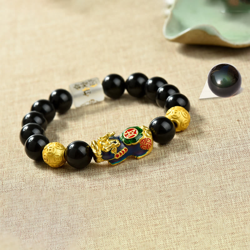 Buddha Stones Fengshui Copper Pixiu Rainbow Obsidian Beads Wealth Bracelet - Om Mani Padme Hum & Fortune & Color-changing Pixiu(Wrist circumference:18-19cm) - image 13