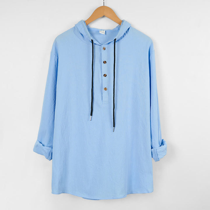 Buddha Stones Solid Color Fall Half Buttons Men's Hooded Long Sleeve Cotton Shirt - image 1