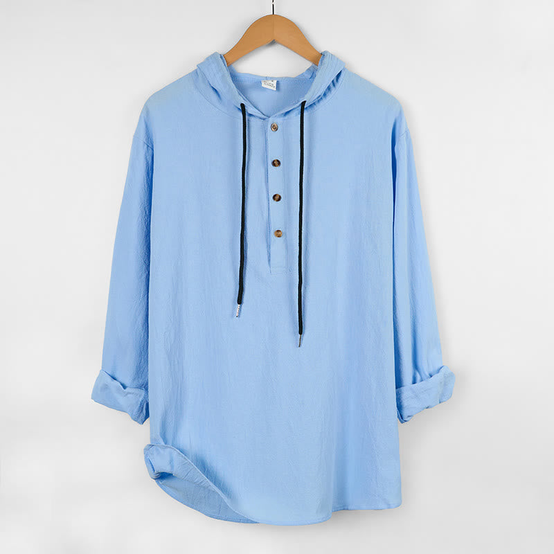 Buddha Stones Solid Color Fall Half Buttons Men's Hooded Long Sleeve Cotton Shirt - LightSkyBlue - US/UK/AU46，EU56 (3XL) - image 0