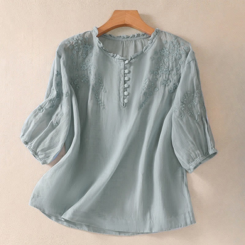 Buddha Stones Casual Plain Button Floral Embroidered Design Puff Half Sleeve Cotton Linen Women's Shirt - LightBlue - US8-10，UK/AU12-14，EU40-42 (2XL) - image 0