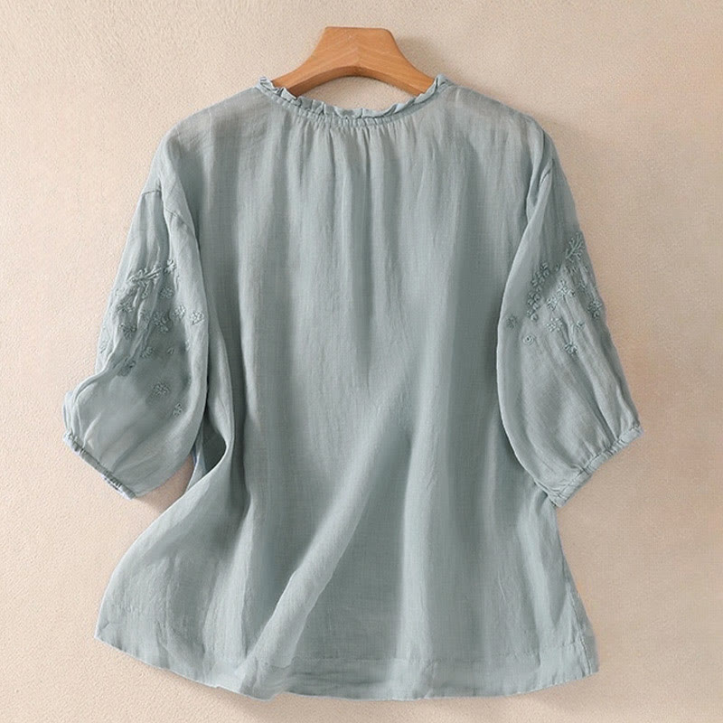 Buddha Stones Casual Plain Button Floral Embroidered Design Puff Half Sleeve Cotton Linen Women's Shirt - image 1