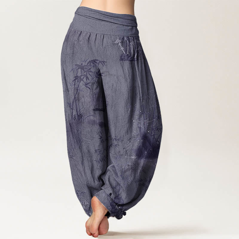 Buddha Stones Pure Cotton Casual Bamboo Rock Ink Painting Women's Elastic Waist Harem Pants - image 2