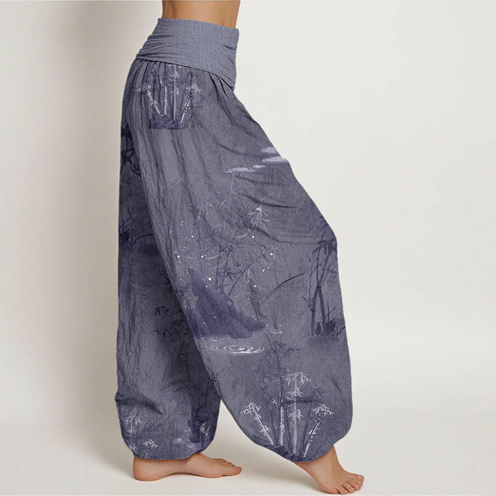Buddha Stones Pure Cotton Casual Bamboo Rock Ink Painting Women's Elastic Waist Harem Pants - image 1