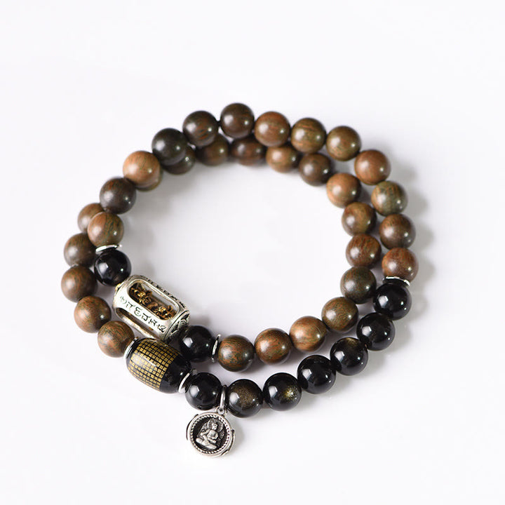 Buddha Stones Tibetan Green Sandalwood Gold Sheen Obsidian Balance Peace Double Wrap Bracelet - image 15