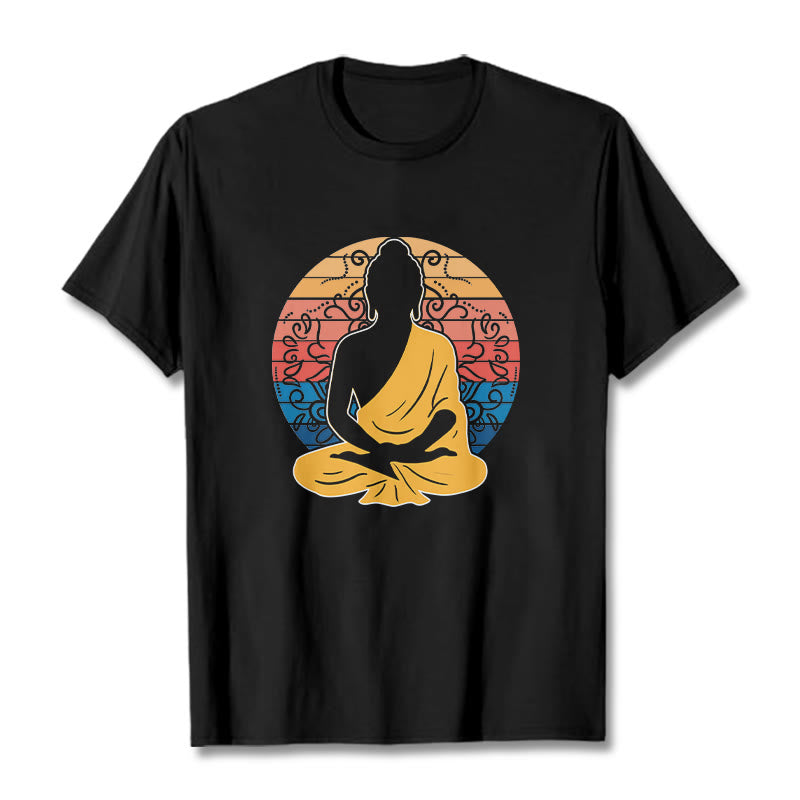 Buddha Stones Casual Colorful Meditating Buddha Pattern Cotton Tee T-shirt - Black - 2XL - image 0