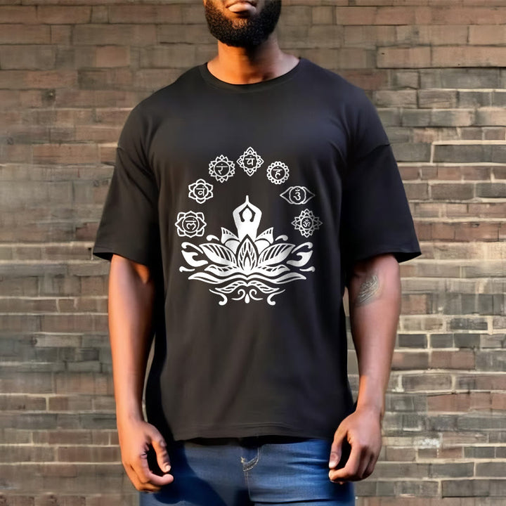 Buddha Stones Casual Meditating Figure Lotus Flower Seven Chakras Pattern Cotton Tee T-Shirt - image 5