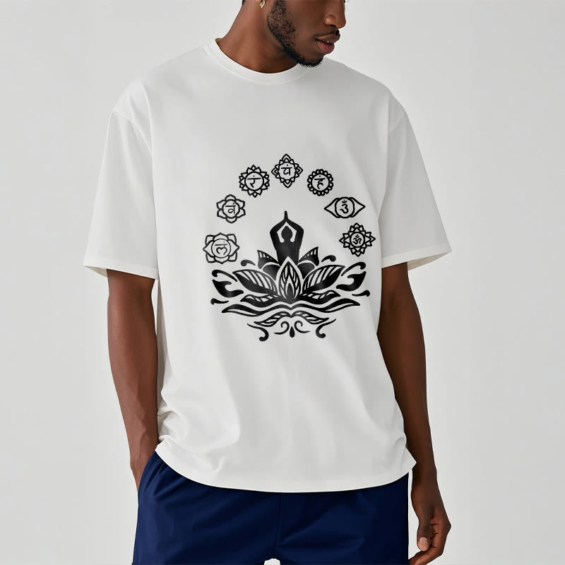 Buddha Stones Casual Meditating Figure Lotus Flower Seven Chakras Pattern Cotton Tee T-Shirt - image 8