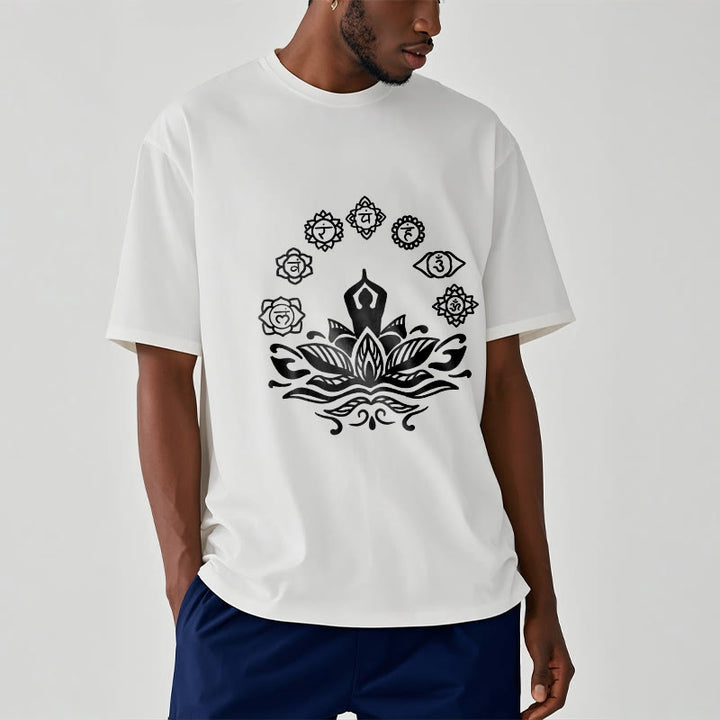 Buddha Stones Casual Meditating Figure Lotus Flower Seven Chakras Pattern Cotton Tee T-Shirt - image 8