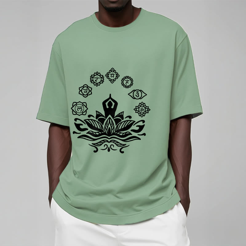 Buddha Stones Casual Meditating Figure Lotus Flower Seven Chakras Pattern Cotton Tee T-Shirt - image 15