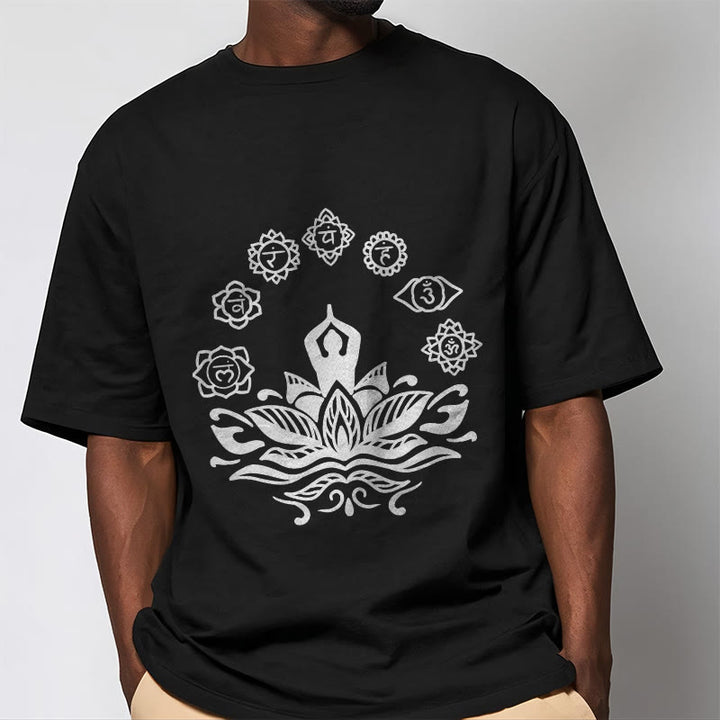 Buddha Stones Casual Meditating Figure Lotus Flower Seven Chakras Pattern Cotton Tee T-Shirt - image 4