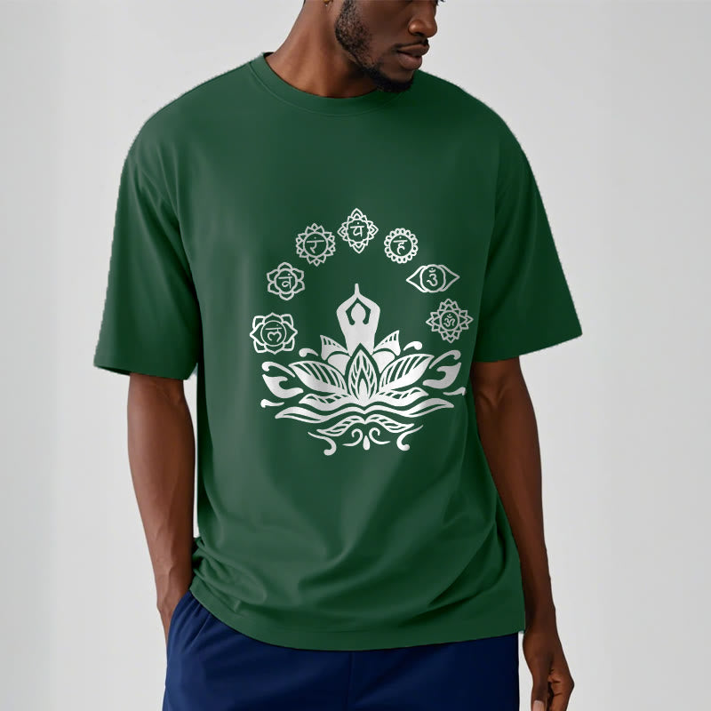 Buddha Stones Casual Meditating Figure Lotus Flower Seven Chakras Pattern Cotton Tee T-Shirt - image 1