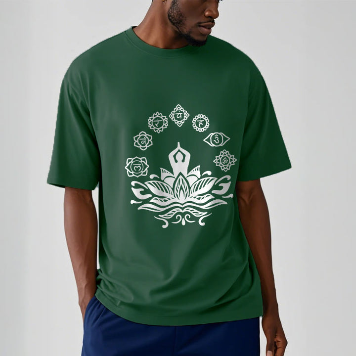 Buddha Stones Casual Meditating Figure Lotus Flower Seven Chakras Pattern Cotton Tee T-Shirt - image 1