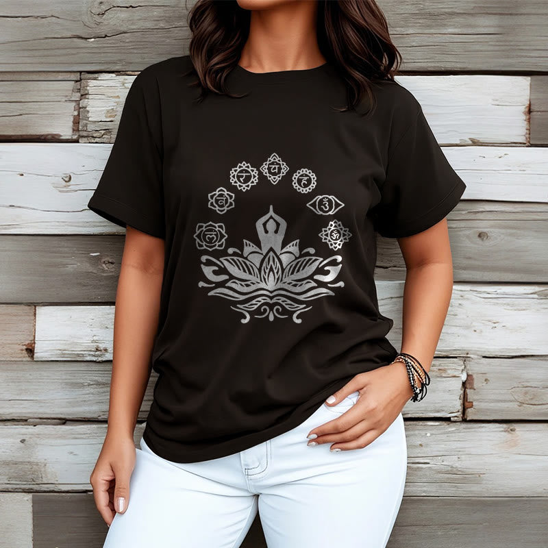 Buddha Stones Casual Meditating Figure Lotus Flower Seven Chakras Pattern Cotton Tee T-Shirt - image 6