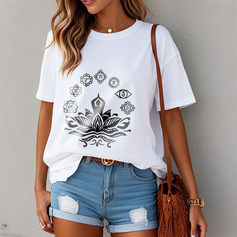 Buddha Stones Casual Meditating Figure Lotus Flower Seven Chakras Pattern Cotton Tee T-Shirt - image 9