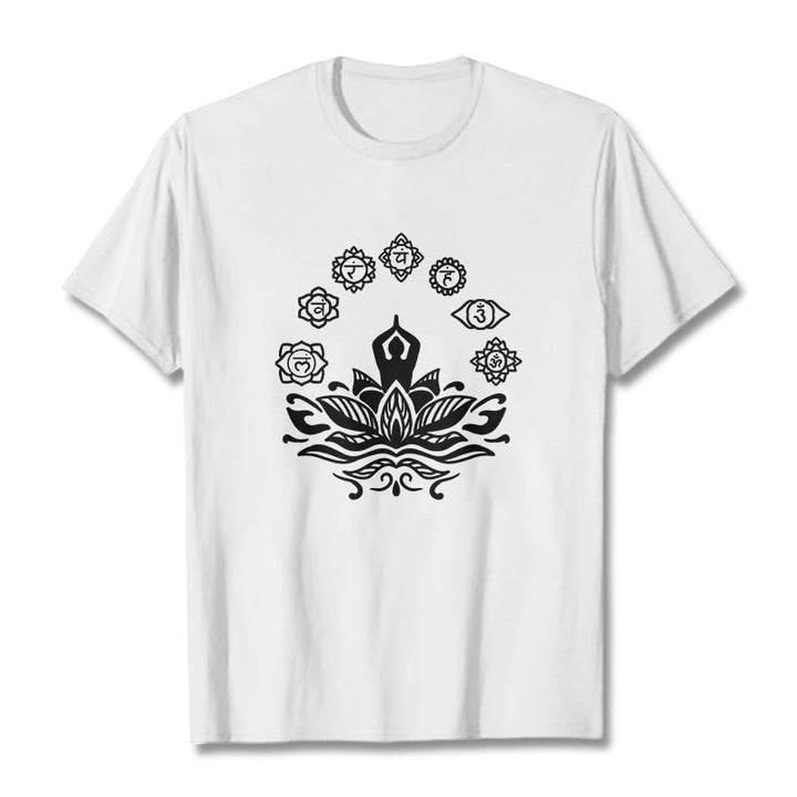 Buddha Stones Casual Meditating Figure Lotus Flower Seven Chakras Pattern Cotton Tee T-Shirt - White - 2XL - image 7