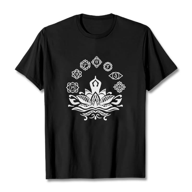 Buddha Stones Casual Meditating Figure Lotus Flower Seven Chakras Pattern Cotton Tee T-Shirt - Black - 2XL - image 3