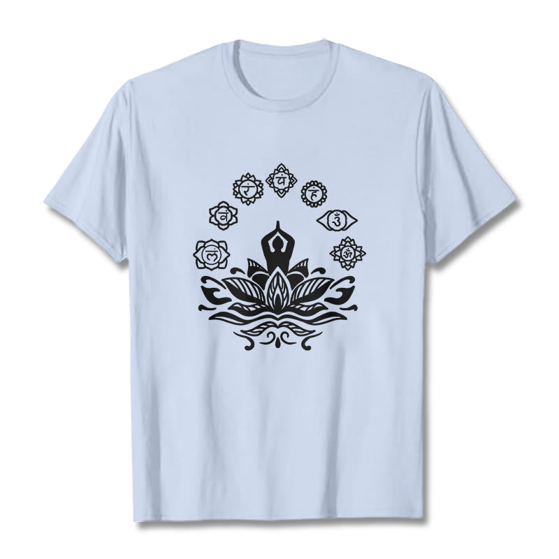 Buddha Stones Casual Meditating Figure Lotus Flower Seven Chakras Pattern Cotton Tee T-Shirt - LightCyan - 2XL - image 18