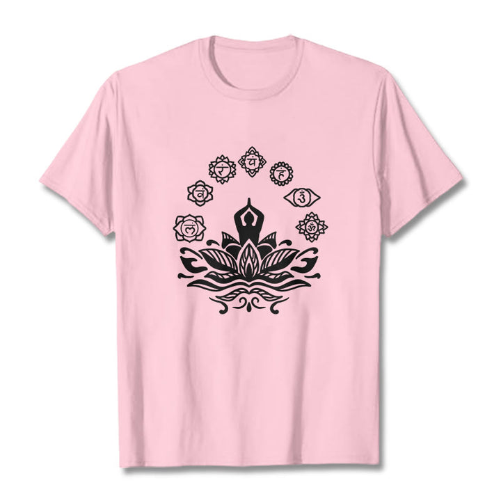 Buddha Stones Casual Meditating Figure Lotus Flower Seven Chakras Pattern Cotton Tee T-Shirt - LightPink - 2XL - image 12