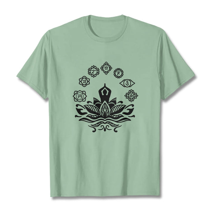 Buddha Stones Casual Meditating Figure Lotus Flower Seven Chakras Pattern Cotton Tee T-Shirt - PaleGreen - 2XL - image 14