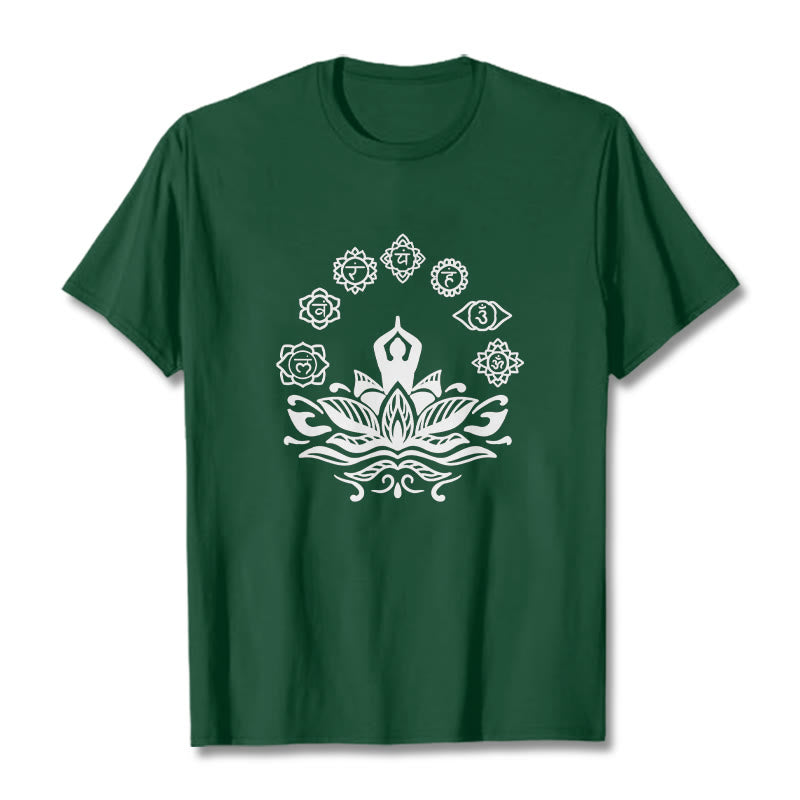 Buddha Stones Casual Meditating Figure Lotus Flower Seven Chakras Pattern Cotton Tee T-Shirt - ForestGreen - 2XL - image 0