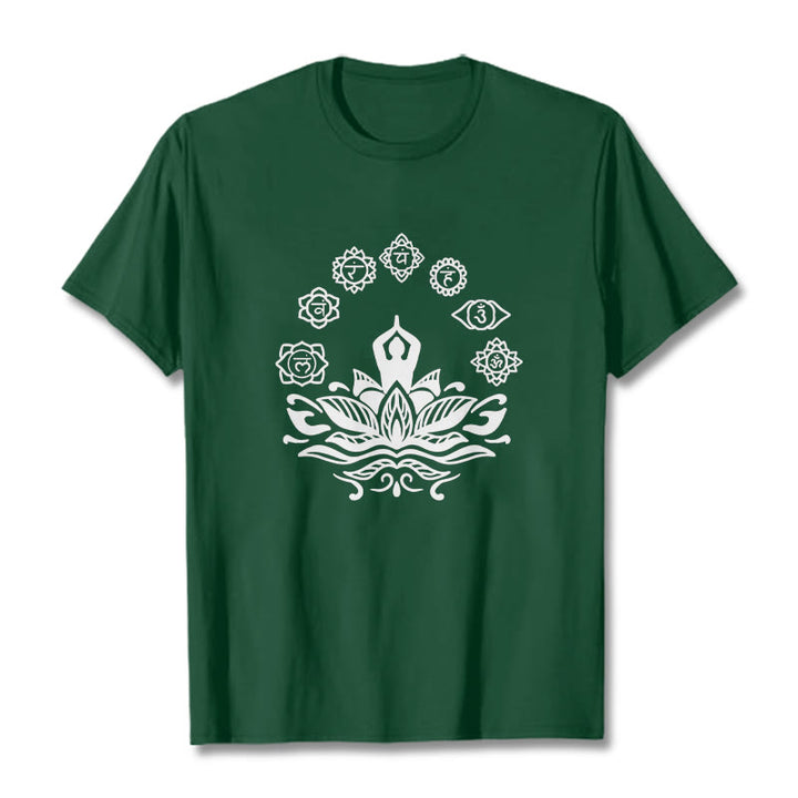 Buddha Stones Casual Meditating Figure Lotus Flower Seven Chakras Pattern Cotton Tee T-Shirt - ForestGreen - 2XL - image 0
