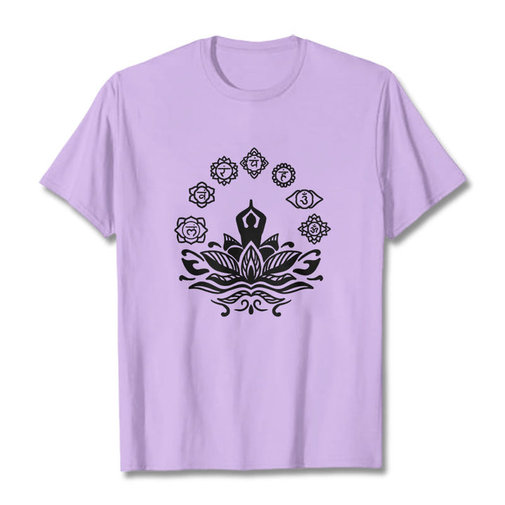 Buddha Stones Casual Meditating Figure Lotus Flower Seven Chakras Pattern Cotton Tee T-Shirt - Plum - 2XL - image 16