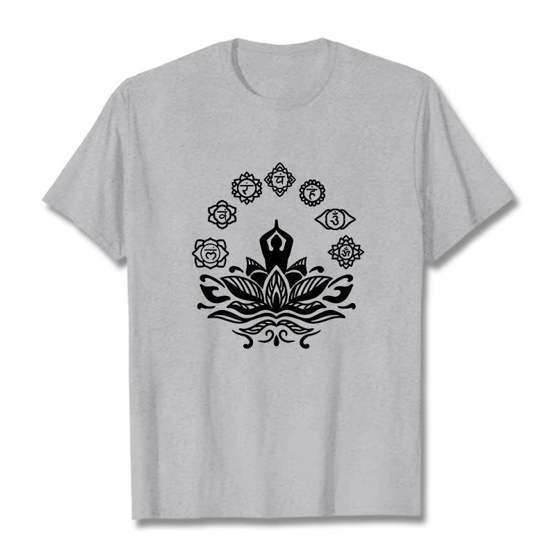 Buddha Stones Casual Meditating Figure Lotus Flower Seven Chakras Pattern Cotton Tee T-Shirt - LightGrey - 2XL - image 19