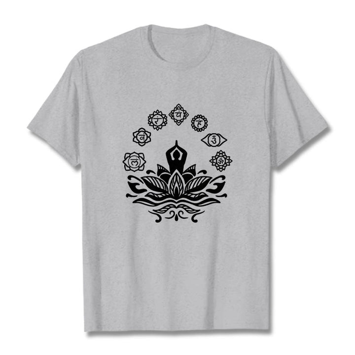 Buddha Stones Casual Meditating Figure Lotus Flower Seven Chakras Pattern Cotton Tee T-Shirt - LightGrey - 2XL - image 19