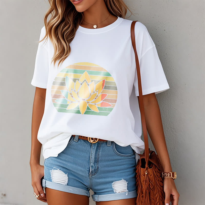 Buddha Stones Casual Retro Striped Background Lotus Flower Pattern Cotton Tee T-shirt - image 7