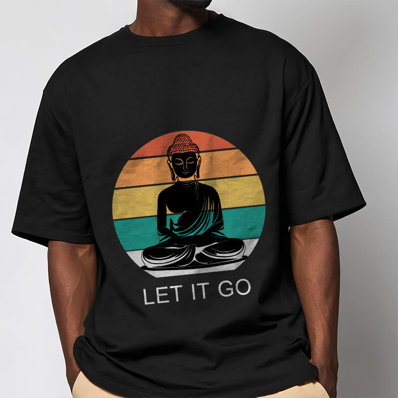 Buddha Stones Casual Colorful Striped Background Meditating Buddha Pattern Cotton Tee T-Shirt - image 4