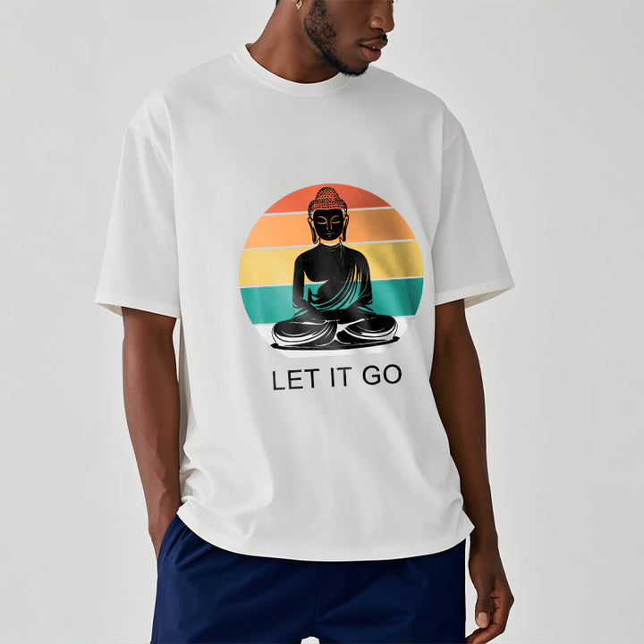 Buddha Stones Casual Colorful Striped Background Meditating Buddha Pattern Cotton Tee T-Shirt - image 8