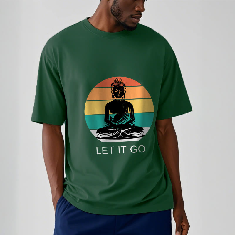 Buddha Stones Casual Colorful Striped Background Meditating Buddha Pattern Cotton Tee T-Shirt - image 1