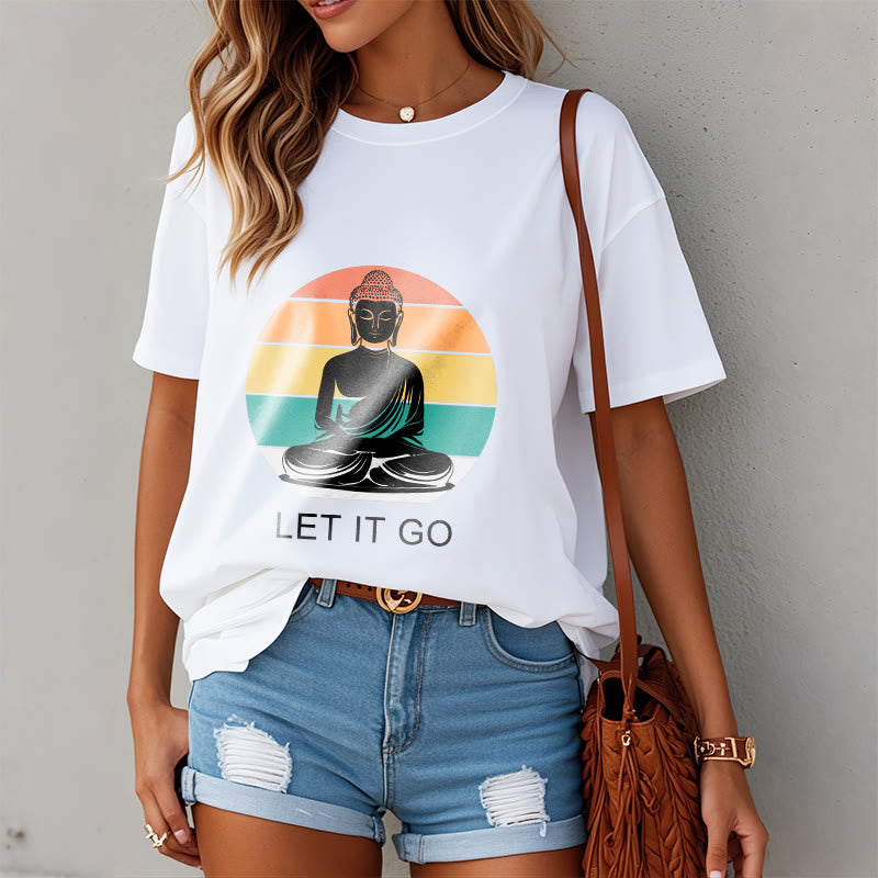 Buddha Stones Casual Colorful Striped Background Meditating Buddha Pattern Cotton Tee T-Shirt - image 9