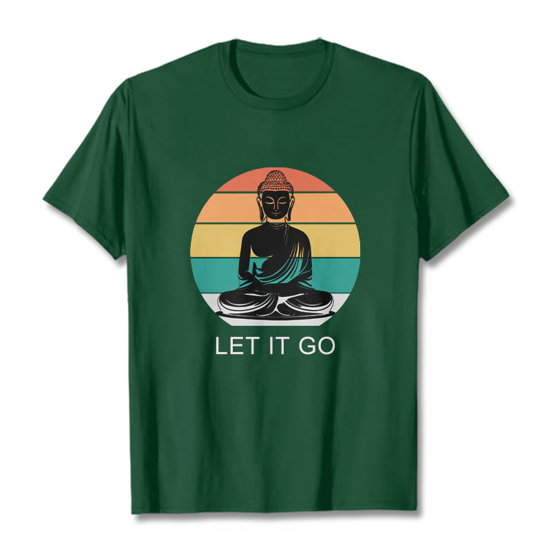 Buddha Stones Casual Colorful Striped Background Meditating Buddha Pattern Cotton Tee T-Shirt - ForestGreen - 2XL - image 0