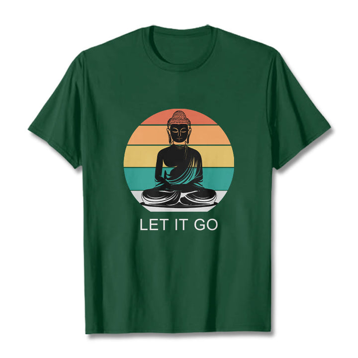 Buddha Stones Casual Colorful Striped Background Meditating Buddha Pattern Cotton Tee T-Shirt - ForestGreen - 2XL - image 0