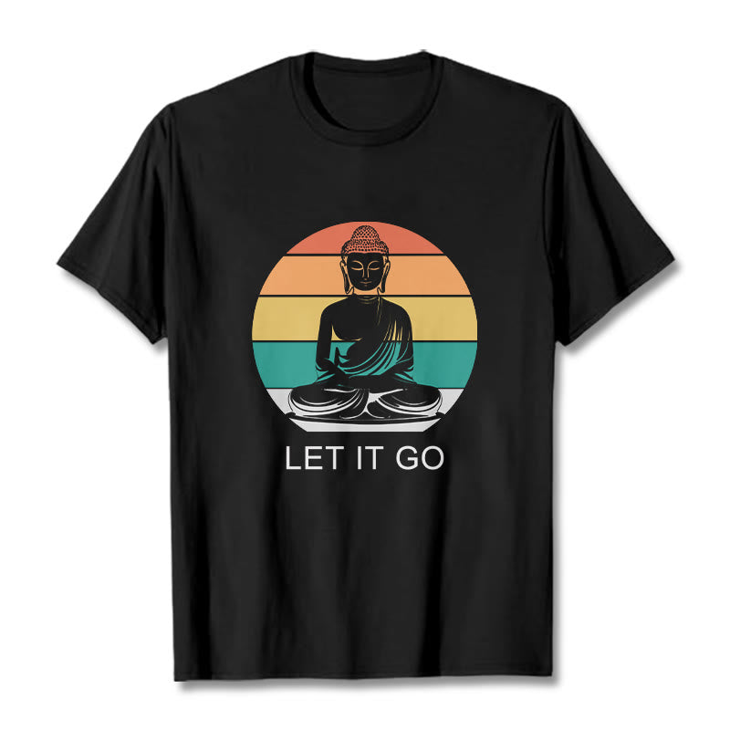 Buddha Stones Casual Colorful Striped Background Meditating Buddha Pattern Cotton Tee T-Shirt - Black - 2XL - image 3