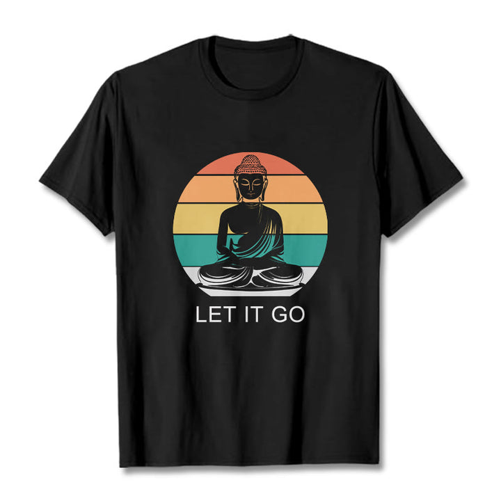 Buddha Stones Casual Colorful Striped Background Meditating Buddha Pattern Cotton Tee T-Shirt - Black - 2XL - image 3