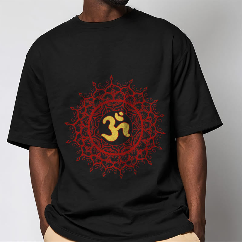 Buddha Stones Casual Red Mandala Om Symbol Pattern Cotton Tee T-shirt - image 1
