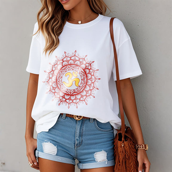 Buddha Stones Casual Red Mandala Om Symbol Pattern Cotton Tee T-shirt - image 7