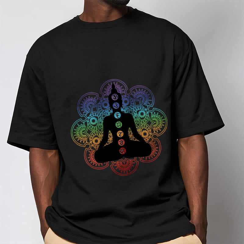 Buddha Stones Casual Meditating Figure Colorful Mandala Pattern Cotton Tee T-shirt - image 1