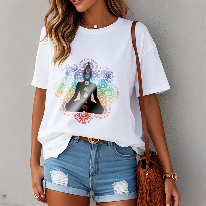 Buddha Stones Casual Meditating Figure Colorful Mandala Pattern Cotton Tee T-shirt - image 7