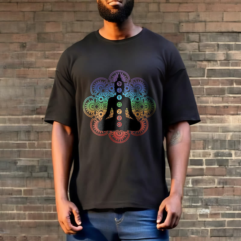 Buddha Stones Casual Meditating Figure Colorful Mandala Pattern Cotton Tee T-shirt - image 2