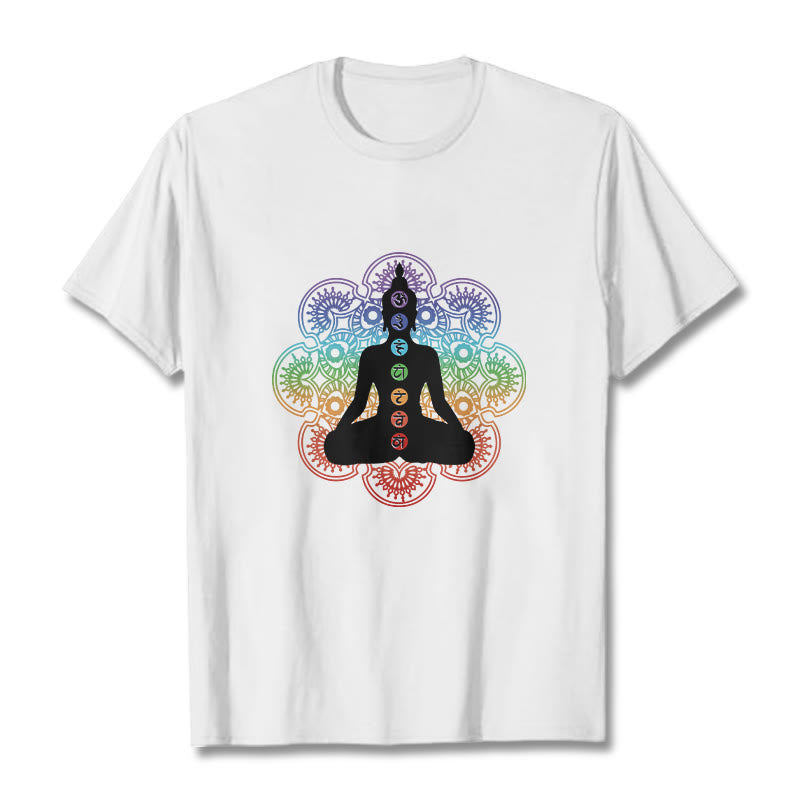 Buddha Stones Casual Meditating Figure Colorful Mandala Pattern Cotton Tee T-shirt - White - 2XL - image 5