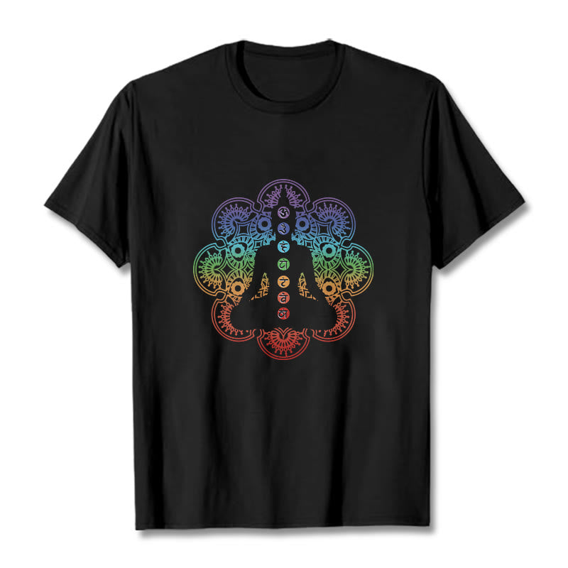 Buddha Stones Casual Meditating Figure Colorful Mandala Pattern Cotton Tee T-shirt - Black - 2XL - image 0
