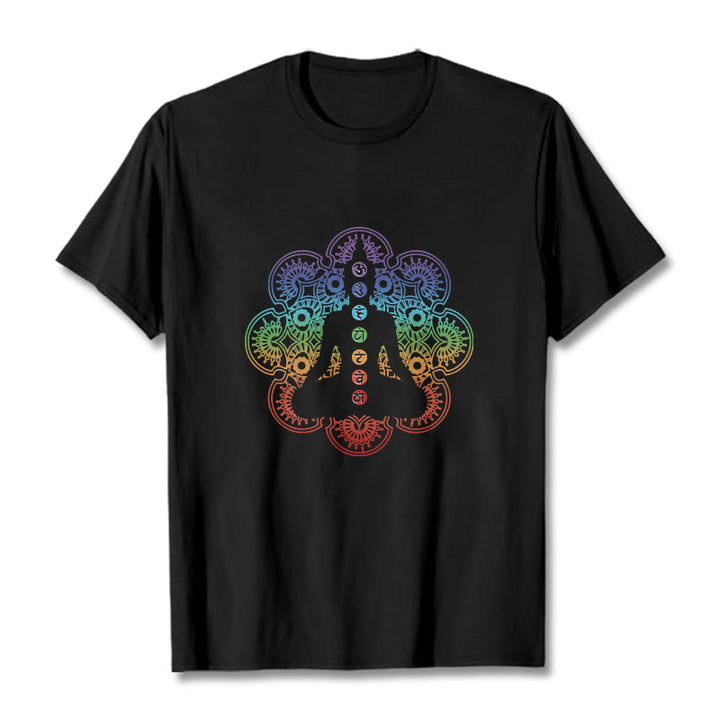 Buddha Stones Casual Meditating Figure Colorful Mandala Pattern Cotton Tee T-shirt - Black - 2XL - image 0