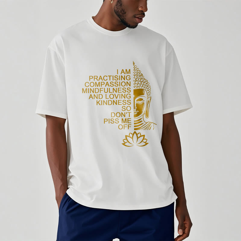 Buddha Stones Casual Golden Side Buddha Lotus Flower Pattern Cotton Tee T-Shirt - image 1
