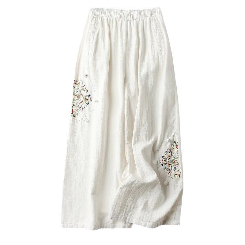 Buddha Stones Spring Ethnic Embroidery Cotton Women's Wide Leg Pants With Pockets - image 4