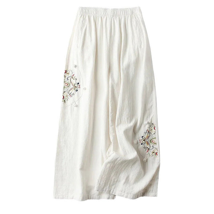 Buddha Stones Spring Ethnic Embroidery Cotton Women's Wide Leg Pants With Pockets - image 4
