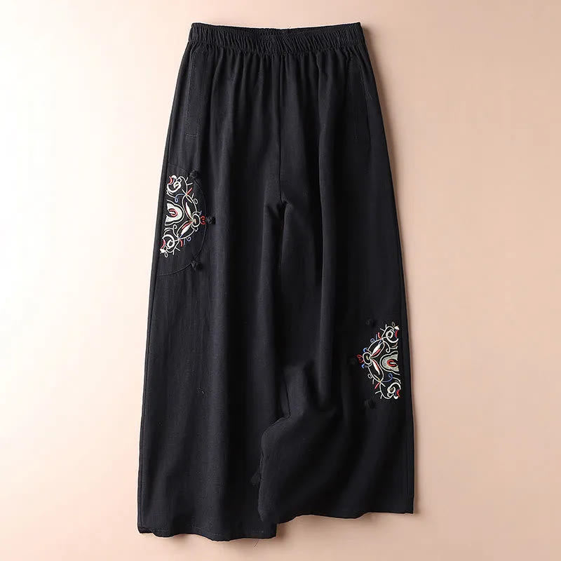 Buddha Stones Spring Ethnic Embroidery Cotton Women's Wide Leg Pants With Pockets - Black - US12，UK/AU16，EU44 (4XL) - image 11